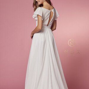 NEW WHITE BRIDAL Illusion V-Neck A-Line Shape SHORT SLEEVE MAXI Dress NXR471